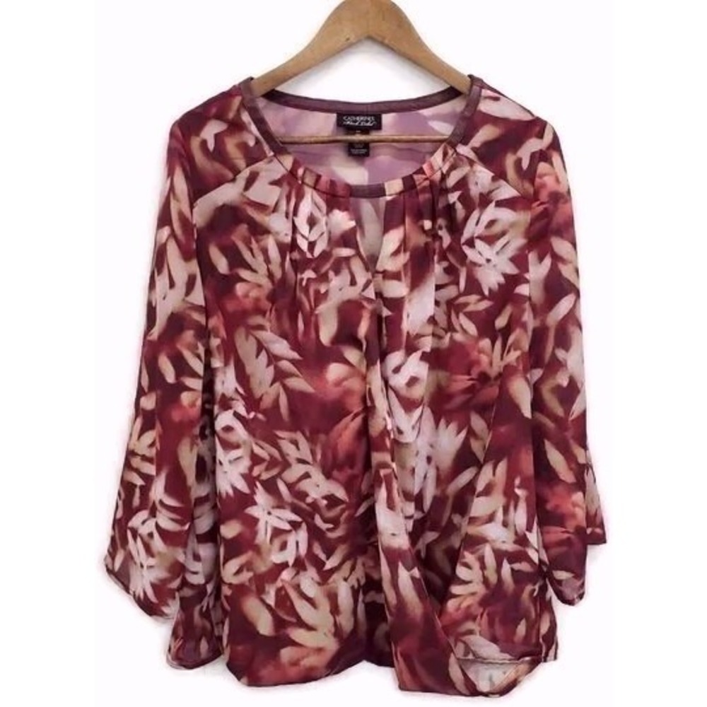 Catherines 0X Blouse Faux Wrap V-Neck‎ Semi-Sheer Leaf Print Burgundy Plus Size